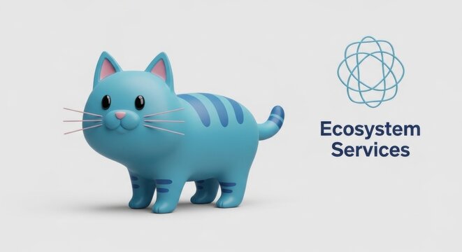 Cute Blue Cat Cartoon with Ecosystem Services Logo Displayed
