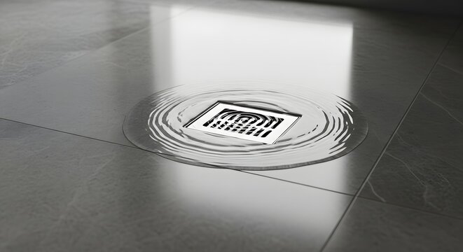 Water swirling into a modern square shower drain on a minimalist grey tiled floor
