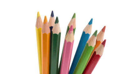 Fototapeta premium A cluster of sharpened colored pencils standing upright isolated on a transparent background