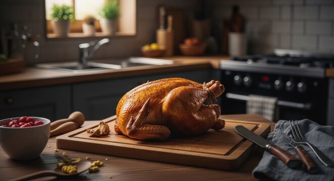 Golden Roasted Turkey Ready for Thanksgiving Feast on Wooden Cutting Board.