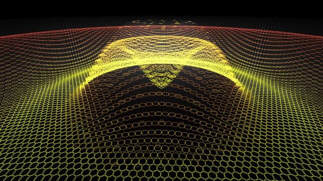 Obsidian hexagonal pillars rise and fall with pulsing neon gold data rings. This visualizes dynamic network load balancing, and works for enterprise IT and data center brand films.