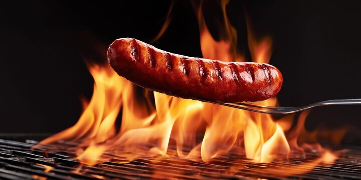 Juicy grilled sausage sizzling over open flames on a barbecue grill