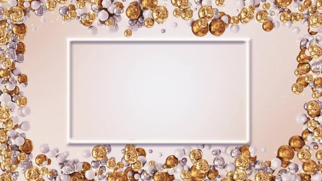 Minimal luxury frame floating golden silver spheres soft lighting creating elegant festive background. Design for branding invitations presentations promotions premium product for celebration visuals