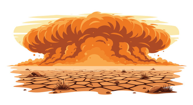 Violent orange mushroom cloud explosion erupts over a parched and cracked desert landscape filled with scattered rocks and sparse dry brush under sunlight.