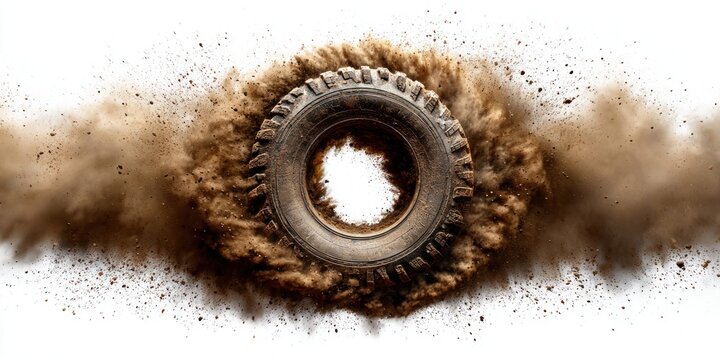 Mud-covered off-road tire spinning in the air with dirt explosion