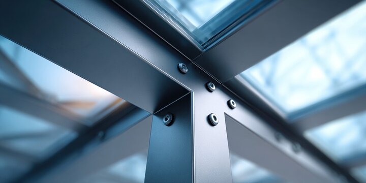Modern building's steel frame and glass ceiling detail, architectural structure