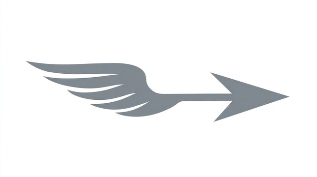 Stylized gray arrow with wings pointing right on a white background, symbol of speed
