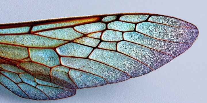Intricate insect wing structure revealed in stunning microscopic detail with iridescent colors