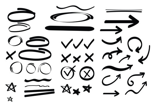 Line marker highlight, arrow, check mark red set. Line red marker hand drawn pen brush stroke underline check. Star oval sticker sign note scribble emphasis icon element. Vector illustration