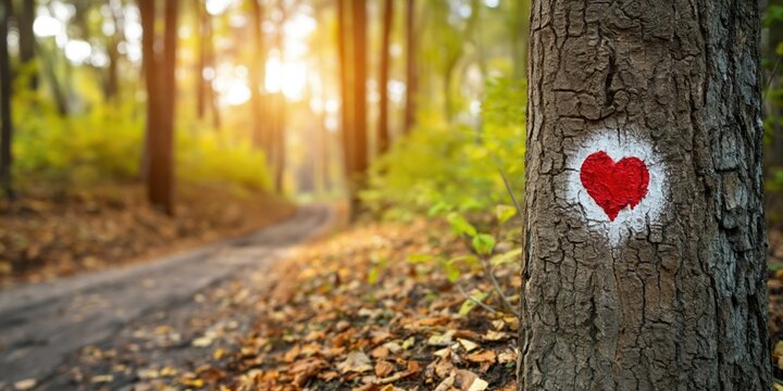 Autumn forest path with a red heart painted on a tree trunk