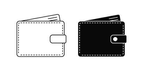 Fototapeta premium Black and white outline and solid wallet with snap closures set