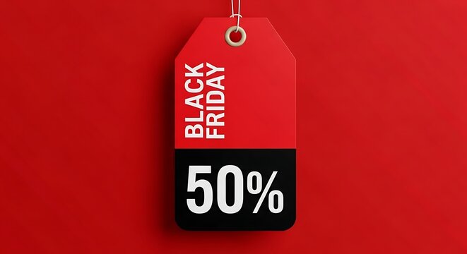 Black friday sale tag 50 off promotion on a vibrant red background