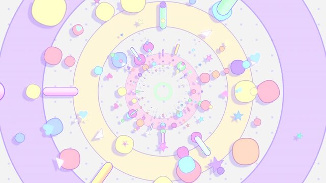 Colorful circles, rounded lines, stars, and rings on white dotted background motion graphics. (loop)
