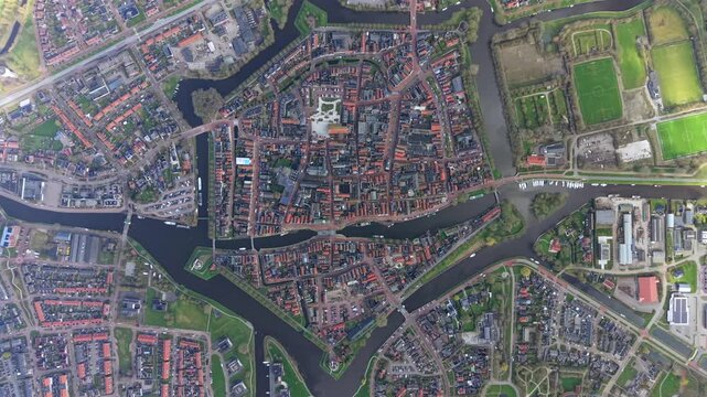 Aerial top view of Dokkum city center with canals Netherlands