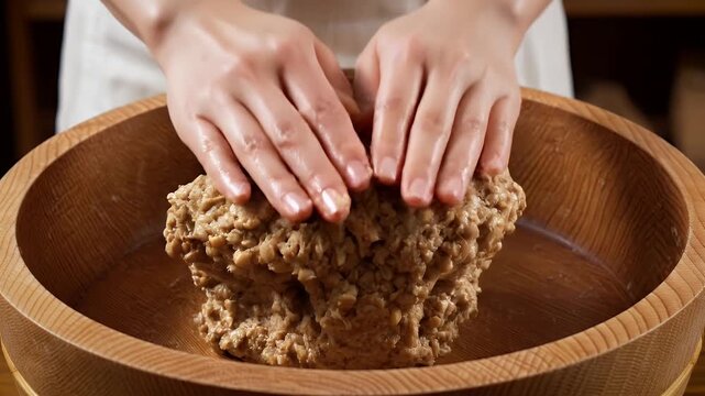 Close up of hands mixing natural ingredients with salt in a wooden bowl for making fermented paste preparing food in kitchen environment soft lighting