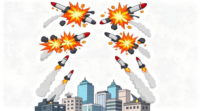 Exploding missiles over city, high-angle cartoon defense and impact.