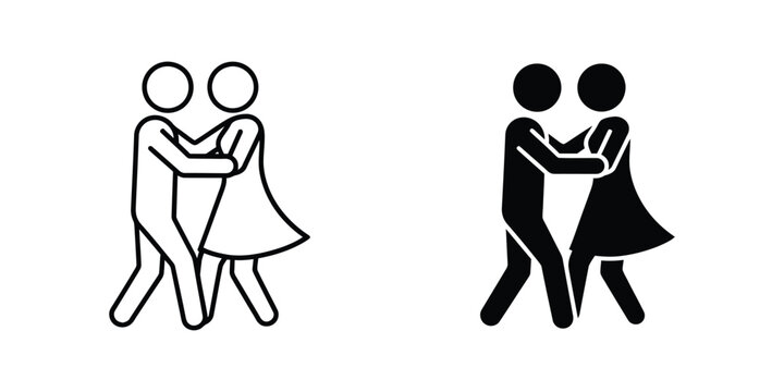 Couple dancing stick figure in outline and solid styles set
