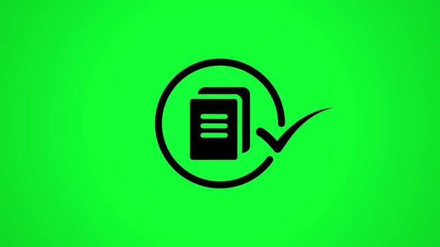 Animated check mark icon with document symbol appearing on green screen background for business approval motion graphics.
