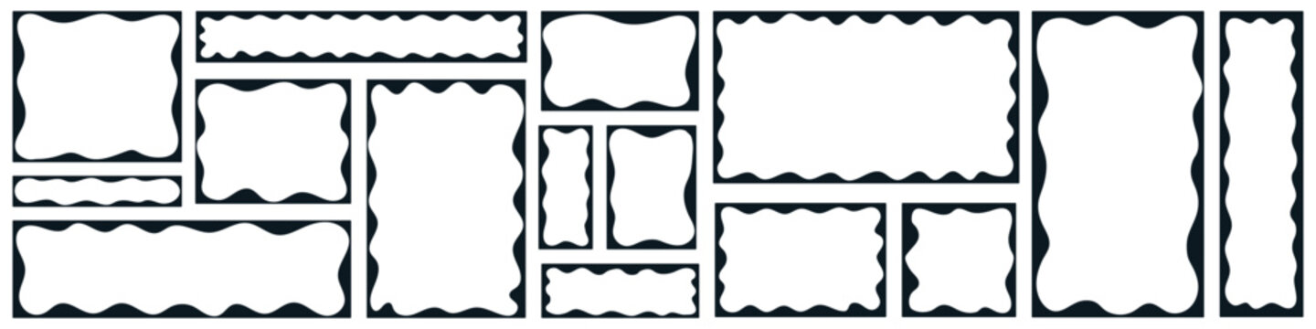 Wavy playful doodle frames collection, rectangular black wiggly borders set, irregular liquid backgrounds templates with copy space vector illustration. Abstract minimal fun design templates isolated