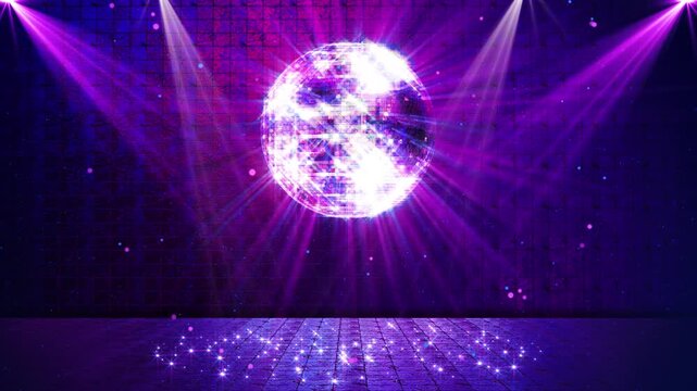 Luminous mirrored sphere projects vibrant streaks sparkles dark gradient space. for DJ visuals, concert screens, video backgrounds, party promos, motion graphics, nightlife themes, music branding.
