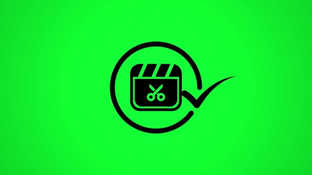 Animation of black film clapper icon with scissors and check mark symbol on green screen background.