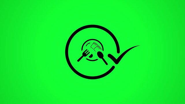 Animated icon of plate with fork and spoon inside circle appearing with check mark, motion graphic on green screen.