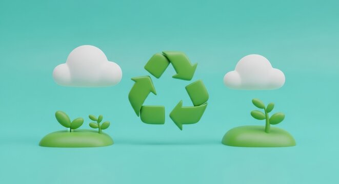 3D Green Recycling Symbol with Clouds and Plants on Mint Background