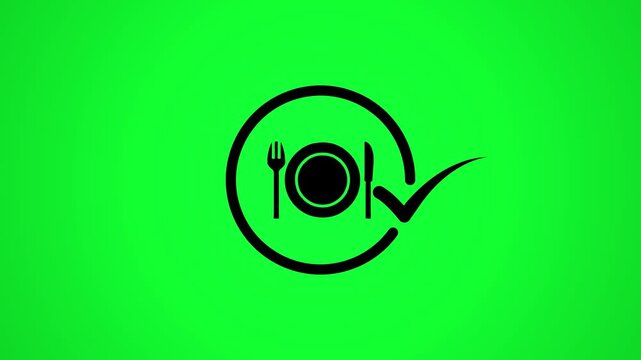 A motion graphic of a plate, fork, and knife inside a circle with a checkmark, suitable for food and restaurant themes.