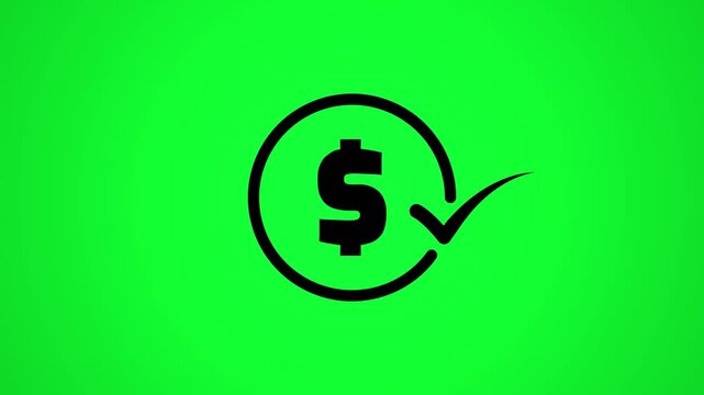 Cash back money refund loop animation, dollar sign with check mark motion graphic on green screen.
