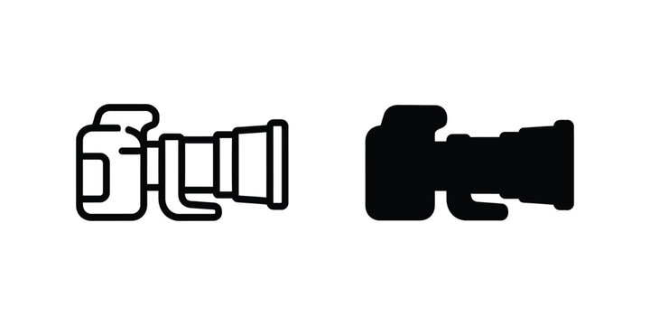 Dslr camera with telephoto lens, outline and solid black styles set