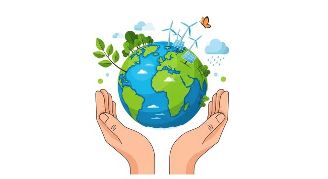 Hands Holding Earth with Renewable Energy Elements and Nature