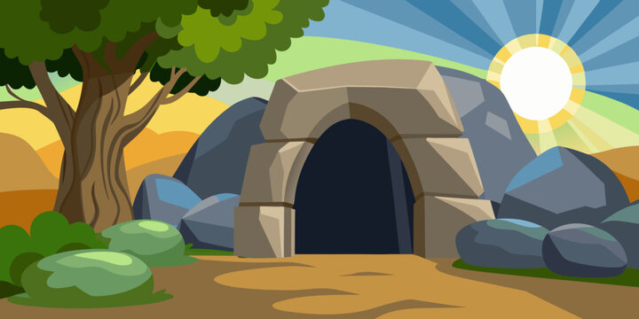 Empty stone tomb of Jesus with large boulder rolled away. Bright light shining from inside cave. Olive tree garden at sunrise. Christian Easter resurrection religious holiday