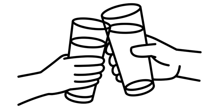 A simple black and white line art illustration showing two hands clinking glasses in a toast.