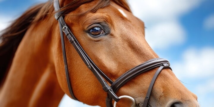 Close-up portrait of a majestic brown horse with a bridle against a blue sky