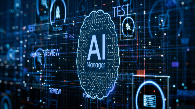 AI assistant for Agile project management, AI automation workflow, project life cycle, conceptual illustration (3d render)