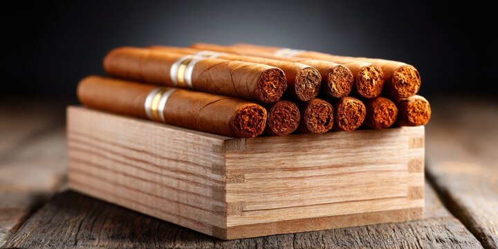 Cigars arranged in a wooden box on a rustic table