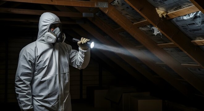 Worker in protective suit and respirator mask inspecting a dark, dusty attic with a flashlight beam.