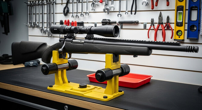 Black rifle with scope on yellow gun vise in workshop with tools
