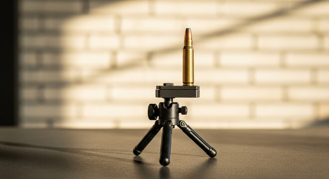 Bullet on a small black tripod with a brass casing and pointed tip