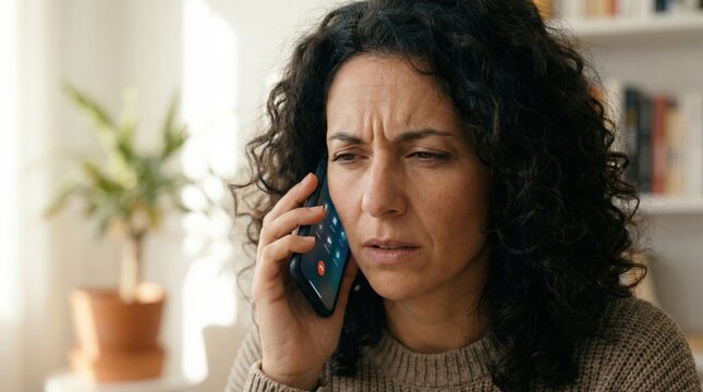 Southern European young woman reacting to suspicious vishing call