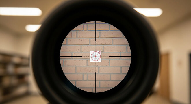 Close-up of a rifle scope sight focused on a brick wall target