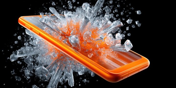 Orange smartphone exploding into sharp ice crystals against a dark background