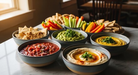 Fototapeta premium Assortment of Dips and Fresh Vegetables Platter.