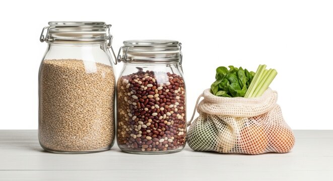 Fresh Organic Grains and Vegetables in Clear Glass Jars