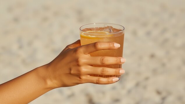 mujer con lentes brindando con una pinta de cerveza en un bar con bebida fresca amarilla en la mano