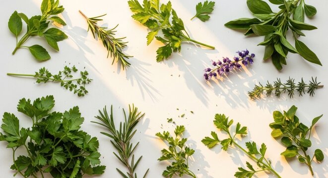 Assortment of Fresh Culinary Herbs Arranged Artfully on a White Surface.