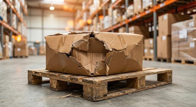 Damaged cardboard package on pallet in warehouse, shipping problem concept, broken delivery box, logistics issue, cargo damage
