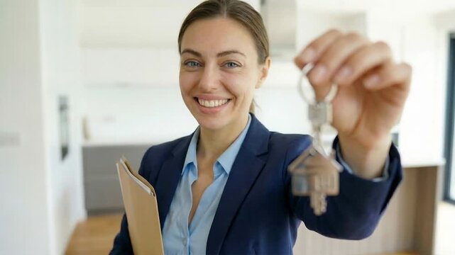 A female realtor hands over keys to a new property with a metal keychain in the shape of a house.