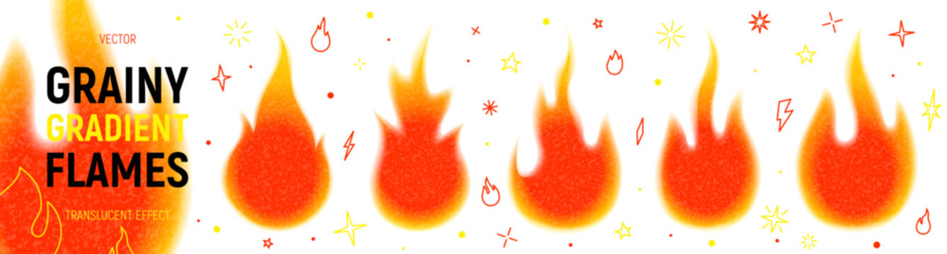 Bright grainy gradient flames collection. Burning hot red, orange and yellow blaze. Bright fire flames templates with blur edges and grainy texture isolated on light background. Set of doodle symbols.