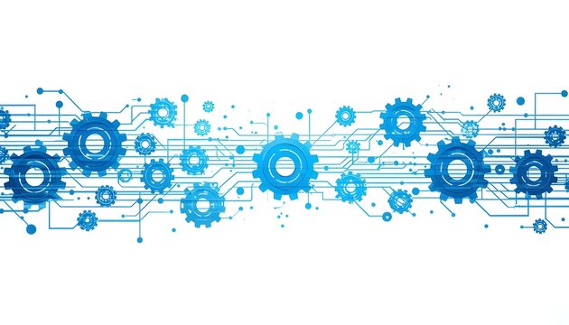 A futuristic illustration of interconnected gears and circuit boards in shades of blue on a white background